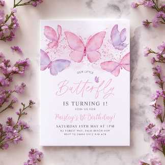 Butterfly 1st Birthday Invitation Pink Purple Girl Kaart