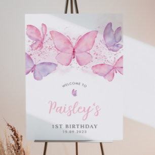 Butterfly 1st Birthday Pink Girl Welkom Poster