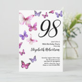 Butterfly 98th Birthday Invitation in Pink Purple (Debout devant)