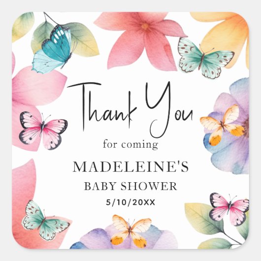 Butterfly Baby shower Hartelijk dank Vierkante Sticker (Voorkant)