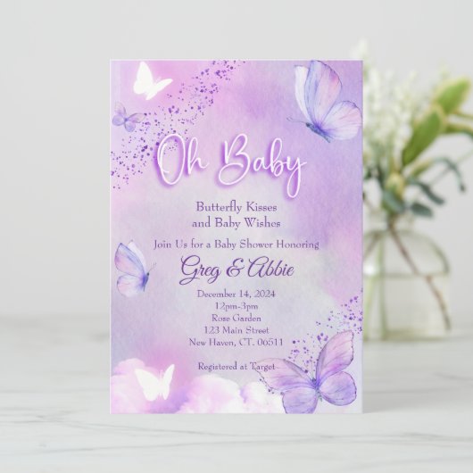 Butterfly Baby shower Invitation Paarse Kaart (Staand voorkant)