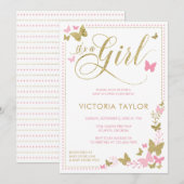 Butterfly Baby shower Invitation, roze, goud Kaart (Voorkant / Achterkant)