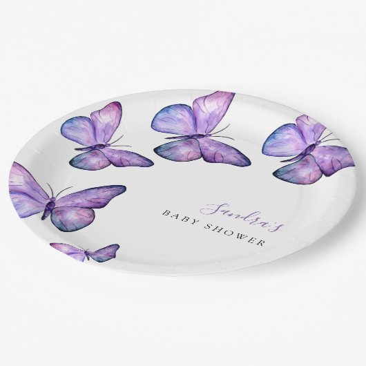 Butterfly Baby shower Script Custom Minimal Paars Papieren Bordje (Gekanteld)