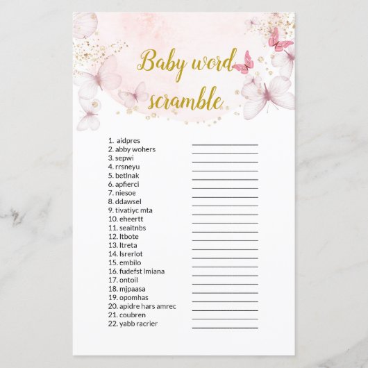 Butterfly Baby Word Scramble Baby shower Games (Voorkant)