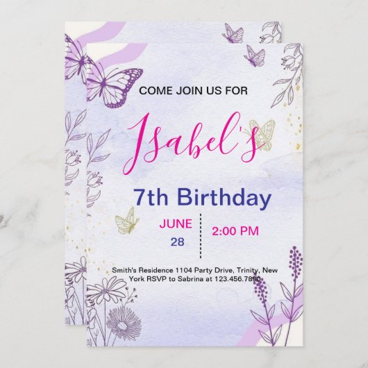 Butterfly Birthday Invitation (Devant / Derrière)