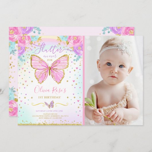 Butterfly Birthday Invitation Butterfly Kaart (Voorkant / Achterkant)