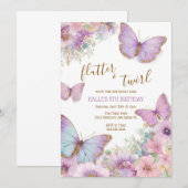 Butterfly birthday invitation, girl flutter kaart (Voorkant / Achterkant)