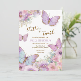 Butterfly birthday invitation, girl flutter  kaart
