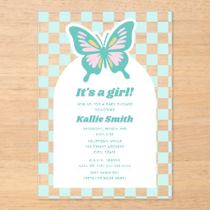 Butterfly Blauwgroen Checkerboard Girl Baby shower Acryl Uitnodigingen