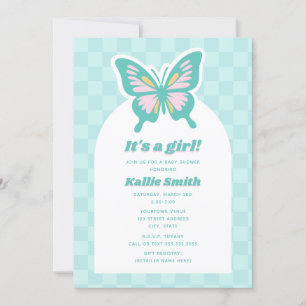 Butterfly Blauwgroen Checkerboard Girl Baby shower Kaart