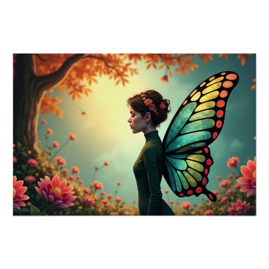 Butterfly Bloom - grillige fee in een tuin Perfect Poster (Voorkant)