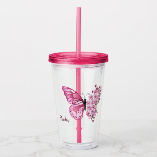 Butterfly Blossom Tumbler met aangepaste naam Acryl Drinkbeker (Voorkant)