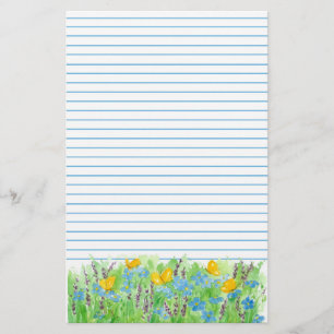 Butterfly Blue Waterverf Flowers Lined Briefpapier
