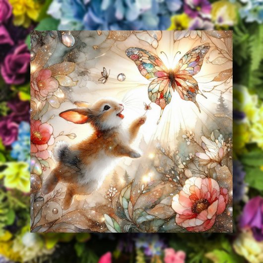 Butterfly Bunny Peach Goud Glas in lood Feestdagenkaart