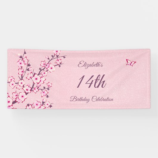 Butterfly Cherry Blossom Pink Glitter Birthday Spandoek (Horizontaal)