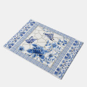 Butterfly Chinoiserie Chic Flowers Blue en White Deurmat (Schuin)