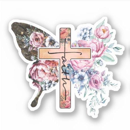 Butterfly Cross Faith floral Sticker (Voorkant)