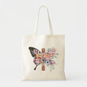 Butterfly Cross Faith floral Tote Bag