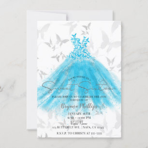 Butterfly Dance Aqua Blue Dress Sweet 16 Party Kaart