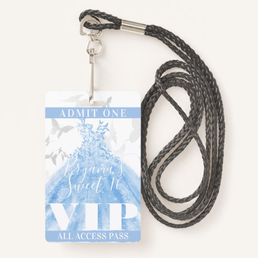 Butterfly Dance Blue Silver Sweet 16 VIP Pass Badge (Voorkant met draagriem)