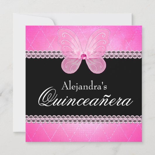 Butterfly Diamonds Pink Quinceanera Kaart (Voorkant)