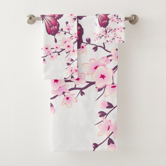 Butterfly en Cherry Blossom Pink White Bad Handdoek (Insitu)