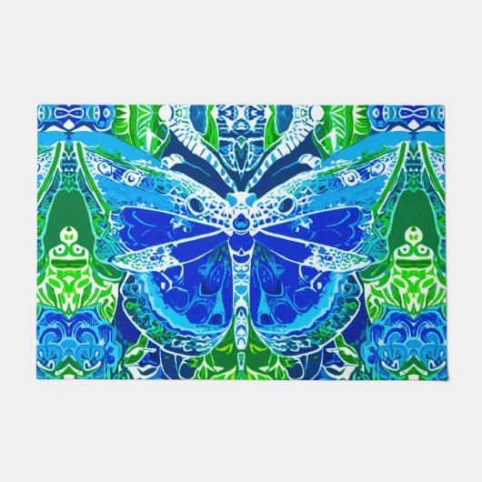 Butterfly en Medallion Batik Pattern in Blue Deurmat (Voorkant)