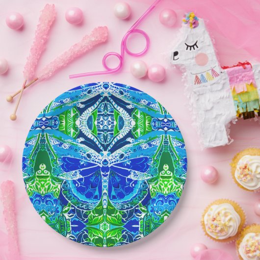 Butterfly en Medallion Batik Pattern in Blue Papieren Bordje (Feest)