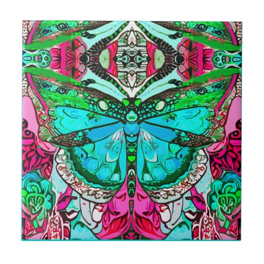 Butterfly en Medallion Batik Pattern in Turquoise Tegeltje (Voorkant)