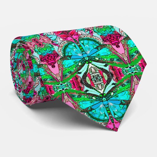 Butterfly en Medallion Batik Pattern Turquoise Stropdas (Opgerold)
