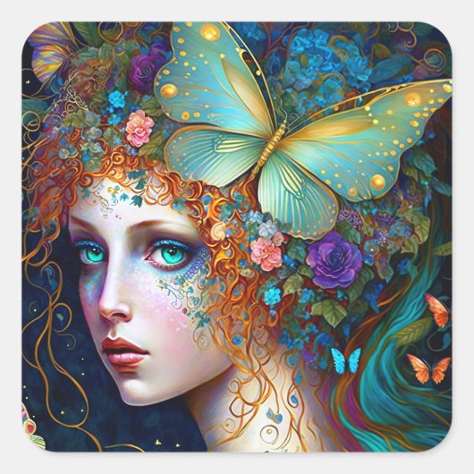 Butterfly Fairy Elf Lady Fantasy Art Vierkante Sticker (Voorkant)