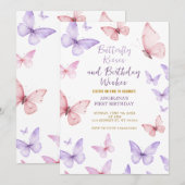 Butterfly First Birthday Invitation Girl (Devant / Derrière)