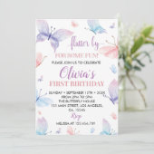Butterfly First Birthday Invitation Girl Whimsical Kaart (Staand voorkant)