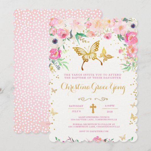 Butterfly Floral Baptism Invitation Kaart (Voorkant / Achterkant)