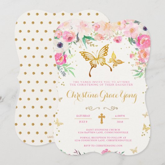 Butterfly Floral Christening Invitation Kaart (Voorkant / Achterkant)