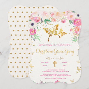 Butterfly Floral Christening Invitation Kaart