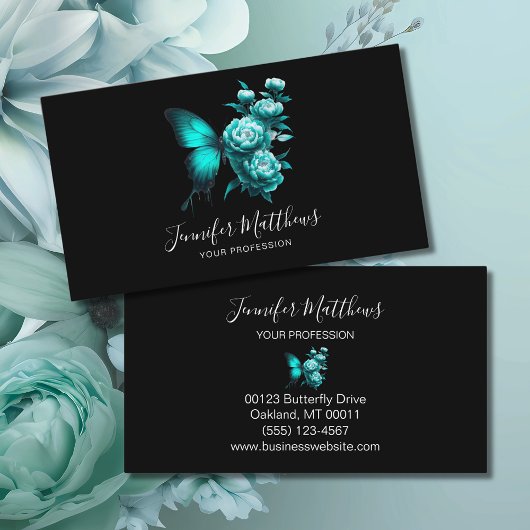 Butterfly Floral Elegant Script Zwart Visitekaartje