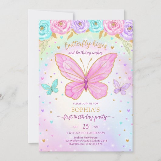 Butterfly Floral Girl Birthday Invitation (Devant)