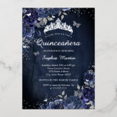 Butterfly Floral Navy Quinceanera Folie Uitnodiging (Voorkant)