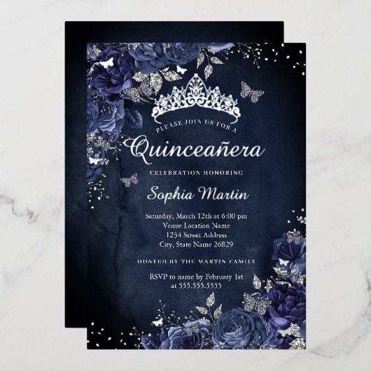 Butterfly Floral Navy Quinceanera Folie Uitnodiging (Voorkant / Achterkant)
