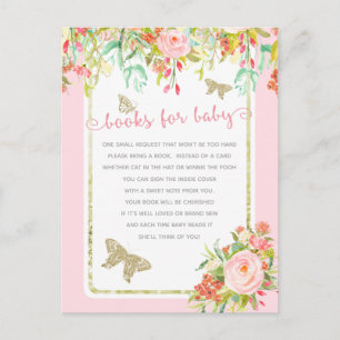 Butterfly Floral Pink Girl Baby shower Book Card Uitnodiging Briefkaart