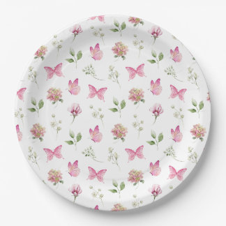 Butterfly Floral Roze Wit Baby shower Papieren Bordje