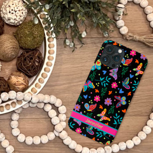 Butterfly Fun Folk Modern Zwart Bloemen Girly Naam iPhone 13 Pro Max Hoesje