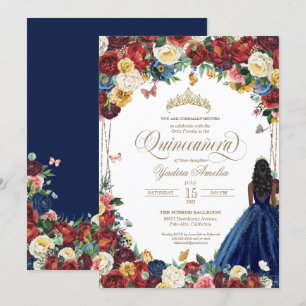 Butterfly Garden Burgundy Blue Floral Quinceanera Kaart