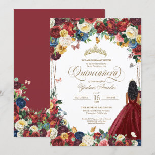 Butterfly Garden Burgundy Flowers Quinceanera Gown Kaart