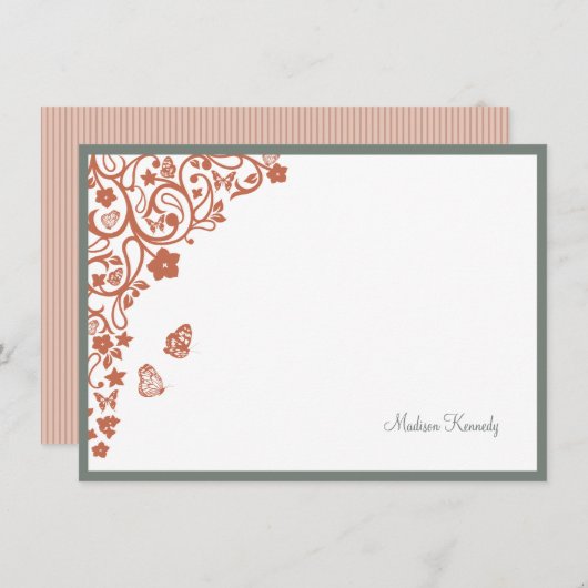 Butterfly Garden Peach Stripe Script Name Note Car Notitiekaartje (Voorkant / Achterkant)