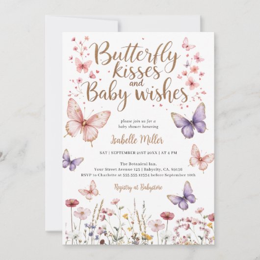 Butterfly Girl Baby shower Paarse Bloemen Roze Kaart (Voorkant)