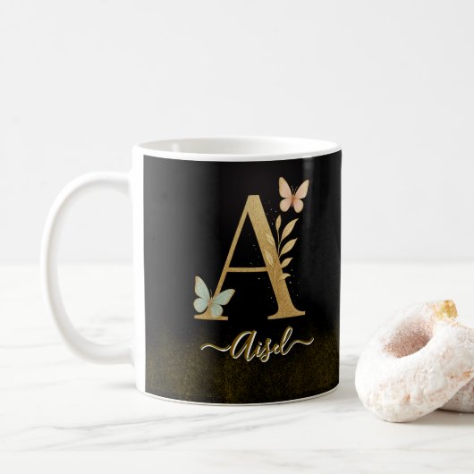 Butterfly Gold "A" Monogram Coffee Mok (Met donut)
