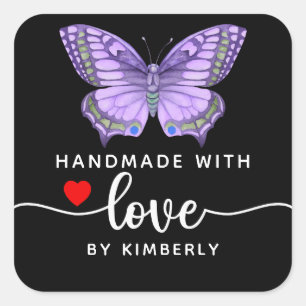 Butterfly Handgemaakt met Love Black Vierkante Sticker