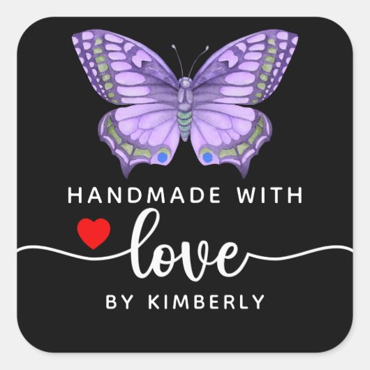 Butterfly Handgemaakt met Love Black Vierkante Sticker (Voorkant)